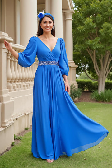Sparkly Blue A Line Chiffon V Neck Long Mother of the Bride Dress with Sleeves
